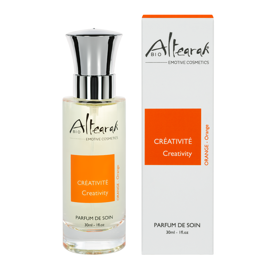 Altearah organic orange creativity parfum de soin bottle, 30ml, with vibrant orange color and elegant design.