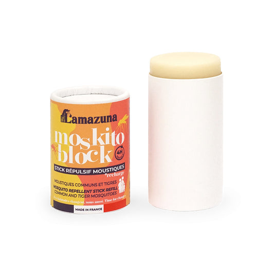 Lamazuna Mosquito Block refill bottle, 50ml, natural body care product for mosquito repellent, with green and white packaging.
