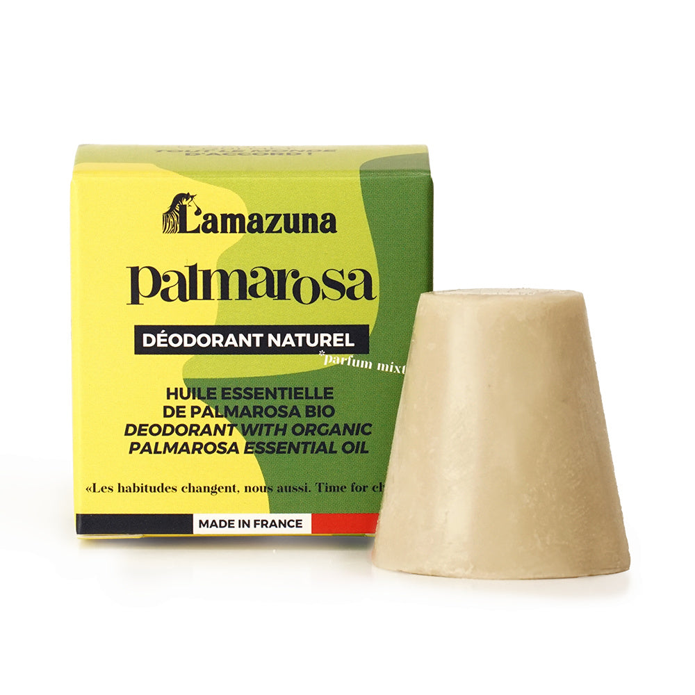 Lamazuna Palmarosa deodorant, 30 g solid bar in eco-friendly packaging