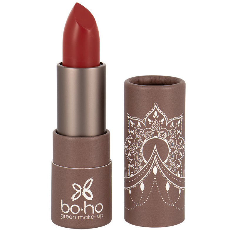 Boho Green Makeup Lipstick in Poppy Field Desire 312, 3.5g, showing the lipstick tube with a vibrant orange shade.