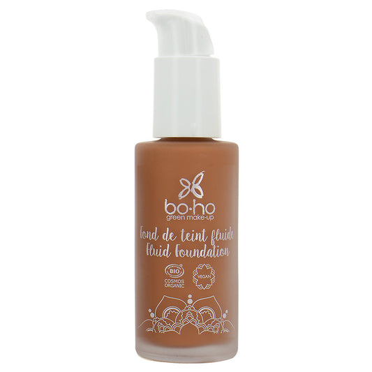 Boho Green Makeup liquid foundation in shade 07 Caramel Brun, 30ml bottle, natural makeup product with green branding.