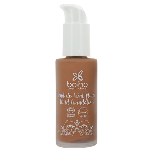 Boho Green Makeup liquid foundation 08 brun froid in 30ml bottle, featuring a sleek green and transparent packaging.