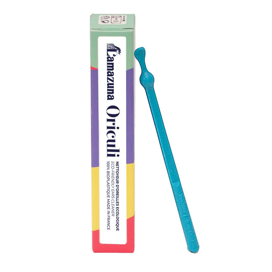 Lamazuna blue bioplastic oriculi for ear cleaning, eco-friendly ear care tool, shown in a close-up image.