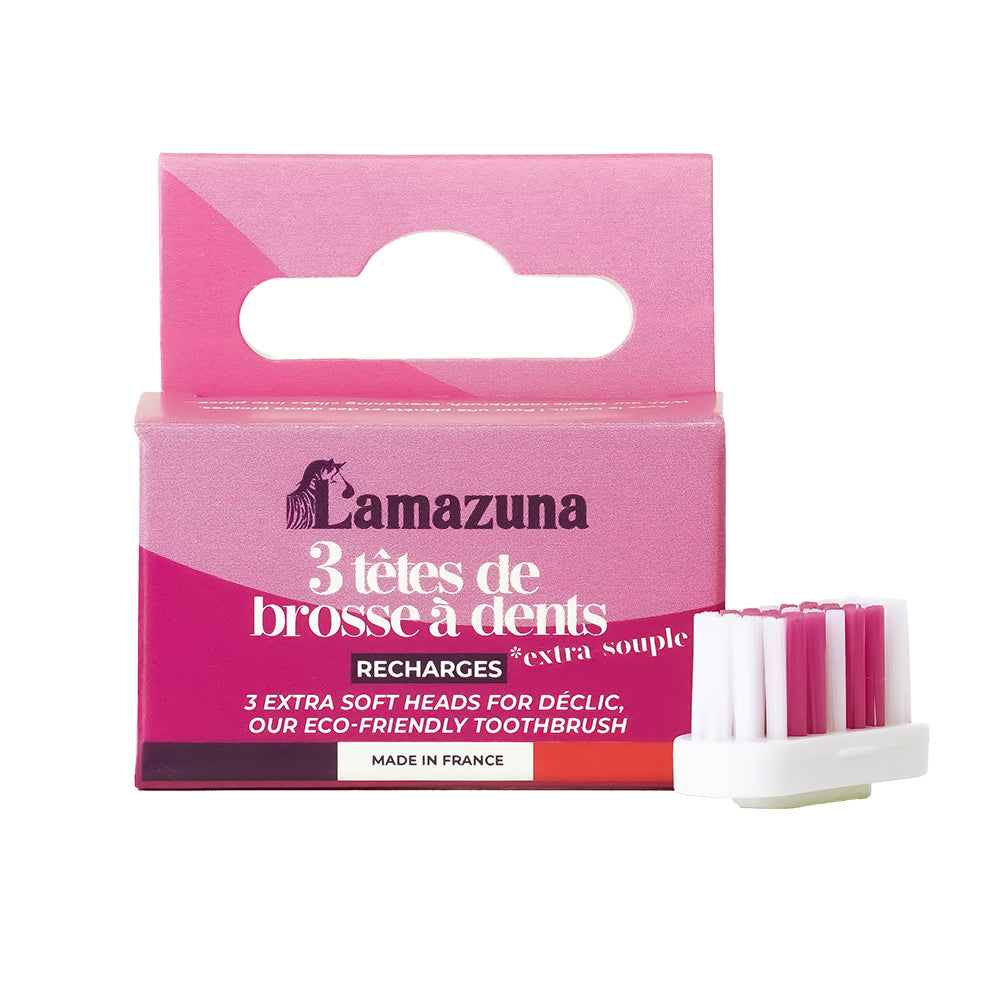 Set of three Lamazuna XS toothbrush heads for electric toothbrushes, with white bristles and compact design.