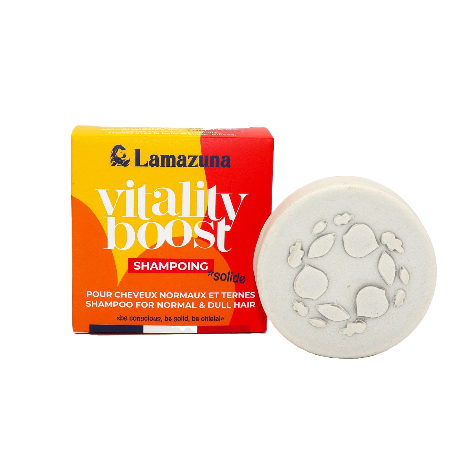 Lamazuna shampoo bar for normal hair, vitality boost, 70g, natural hair care product with a green and white packaging design.