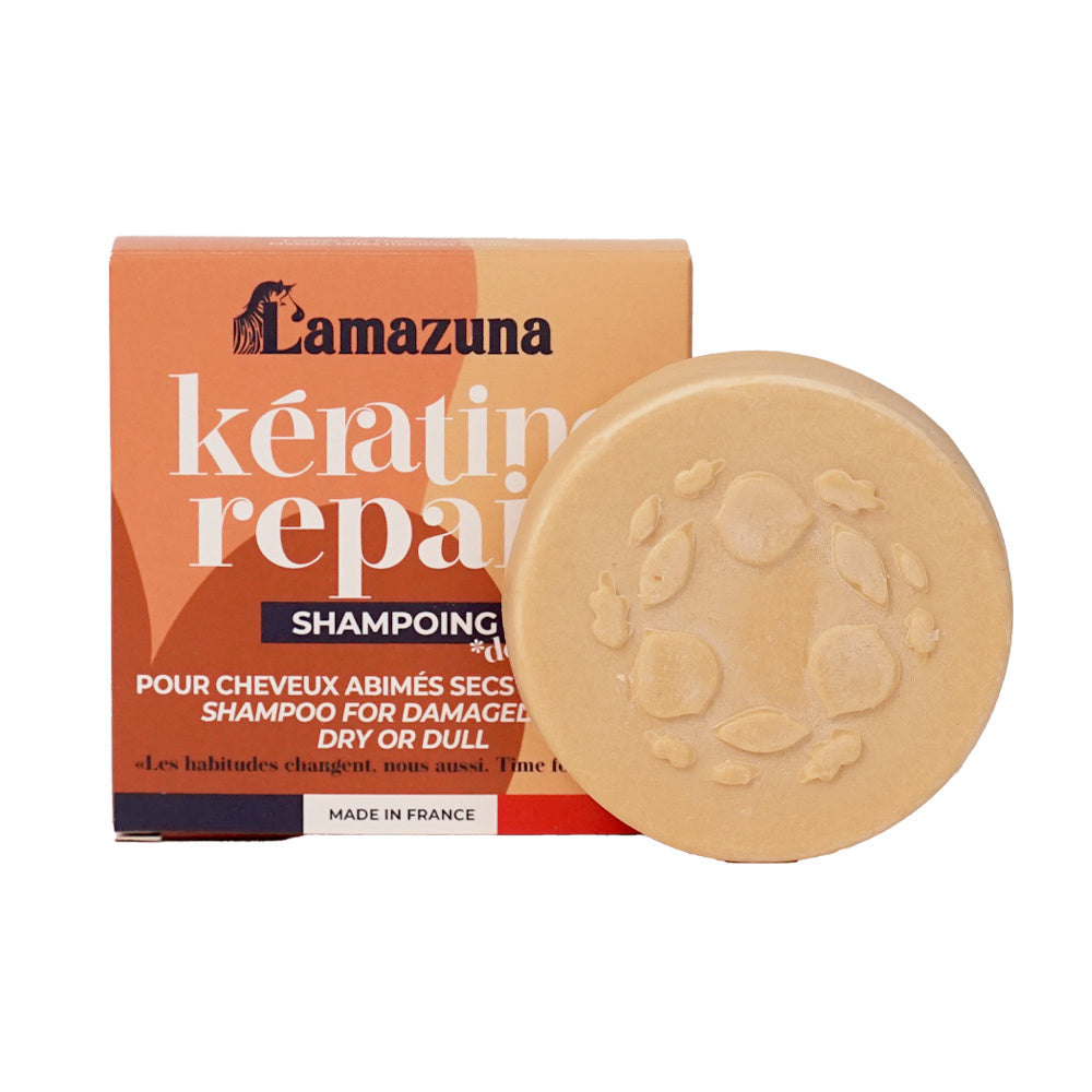 Lamazuna keratin repair shampoo bar for hair care, 63 grams, natural solid shampoo with nourishing ingredients.