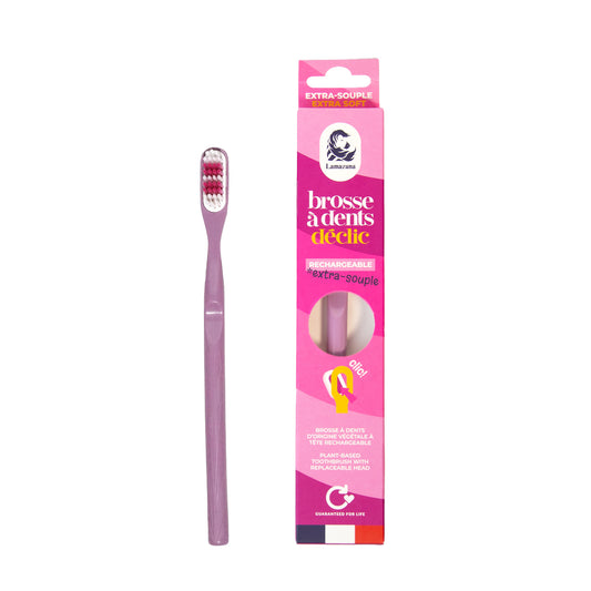 Lamazuna extra soft lilac toothbrush with white handle, eco-friendly Tandenborstels for gentle brushing.