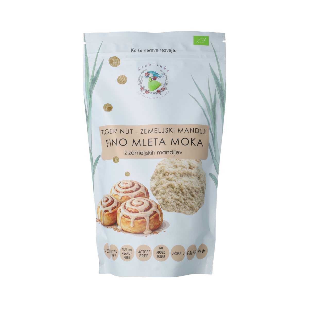 Vitiv Tijgernoot meel bio, 400g, natural tiger nut flour for baking and healthy recipes, in a clear bag.