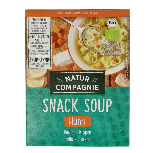 Natur Compagnie organic chicken instant soup in a 34g package, showing the clear packaging and product branding.