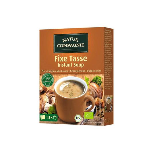 Natur Compagnie organic mushroom snack soup in a 51g package, showcasing fresh mushrooms and soup ingredients.