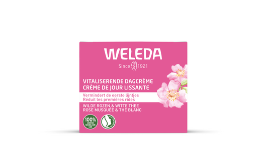 Weleda Wilde Rozen & Witte Thee gezichtsverzorging dagcrème in 40ml jar, with rose and white tea ingredients.