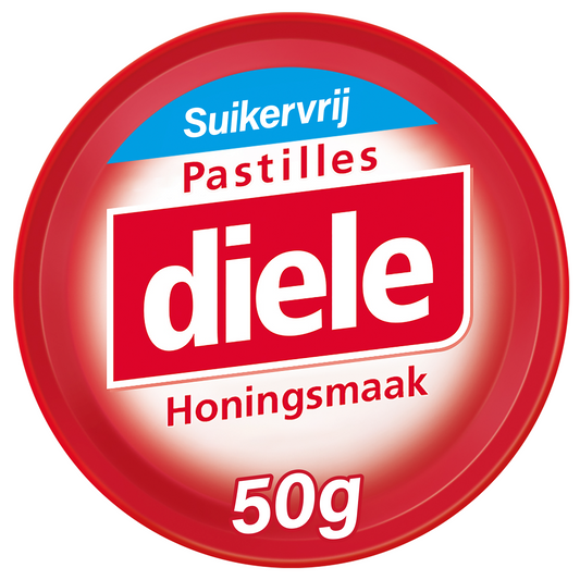 Honing suikervrij diele snoepgoed in 50 gram package, natural sweetener, golden color, and soft texture.