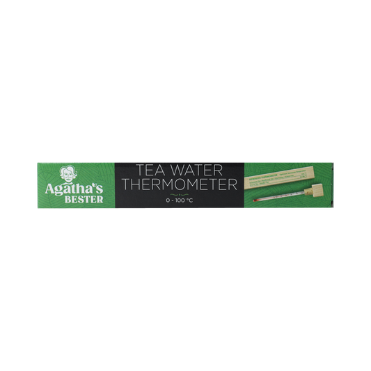 Agatha s Bester tea water thermometer in wooden box for cooking and dining, measuring temperature accurately.