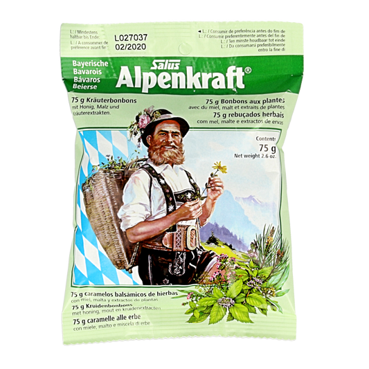 Salus Alpenkraft bonbons in 75g package, colorful snoepgoed with fruit and herbal flavors, displayed in a clear container.