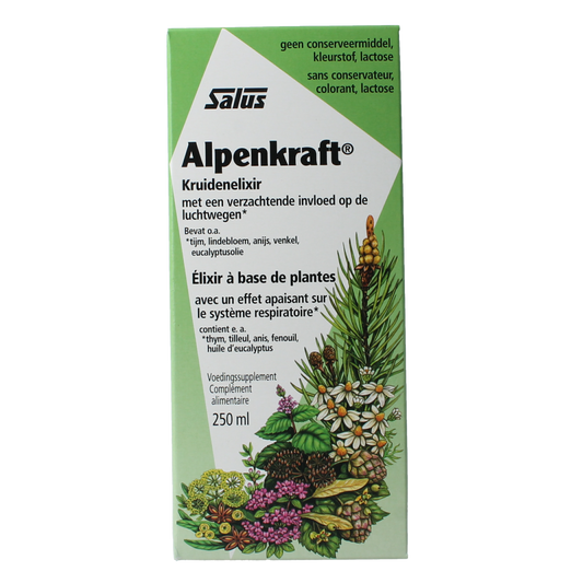 Salus Alpenkraft herbal preparation in a 250ml bottle, featuring natural ingredients for wellness and herbal support.
