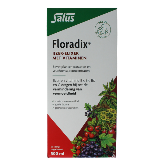 Salus Floradix iron elixir bottle, herbal supplement in 500ml container, featuring label with herbal ingredients and brand logo.