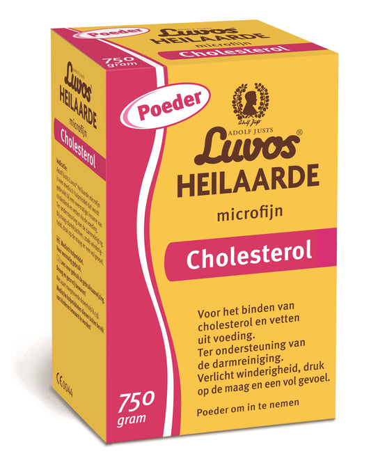 Luvos Heilaarde microfijn cholesterol powder in a 750g container, mineral supplement with fine texture for health support.