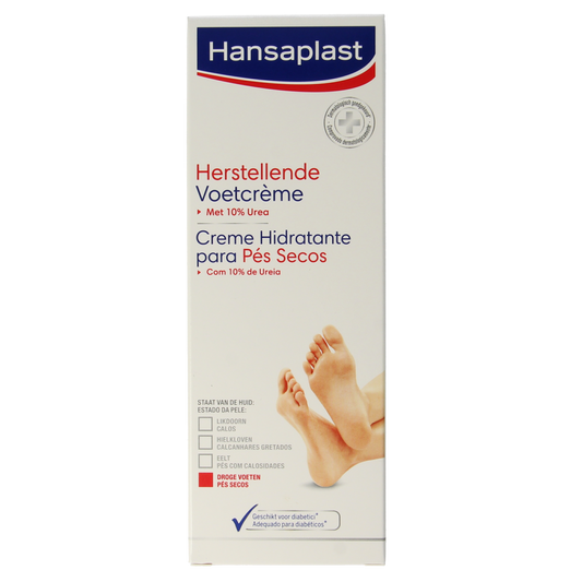 Hansaplast foot cream for repair in 100ml, featuring a tube with cream for nourishing and caring for tired, dry feet.
