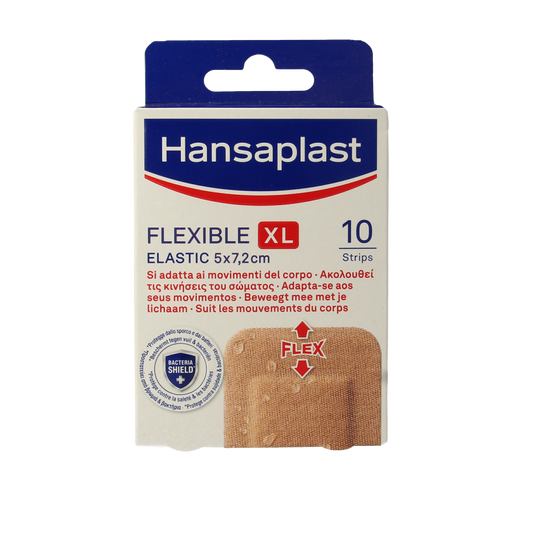 Hansaplast Flexible XL adhesive bandages in 5x7.2cm, pack of 10, suitable for minor cuts and wounds.
