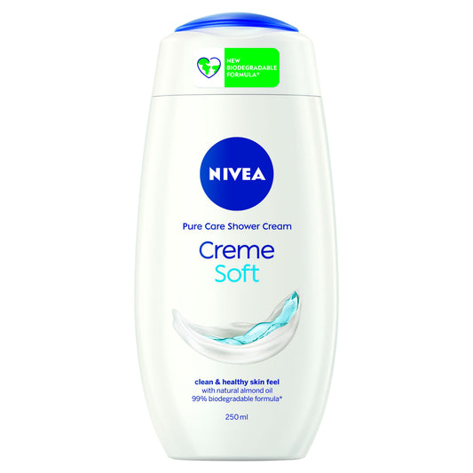 Nivea Douche Creme Soft 250ml bottle with soft, creamy formula for gentle cleansing in a bathroom setting.