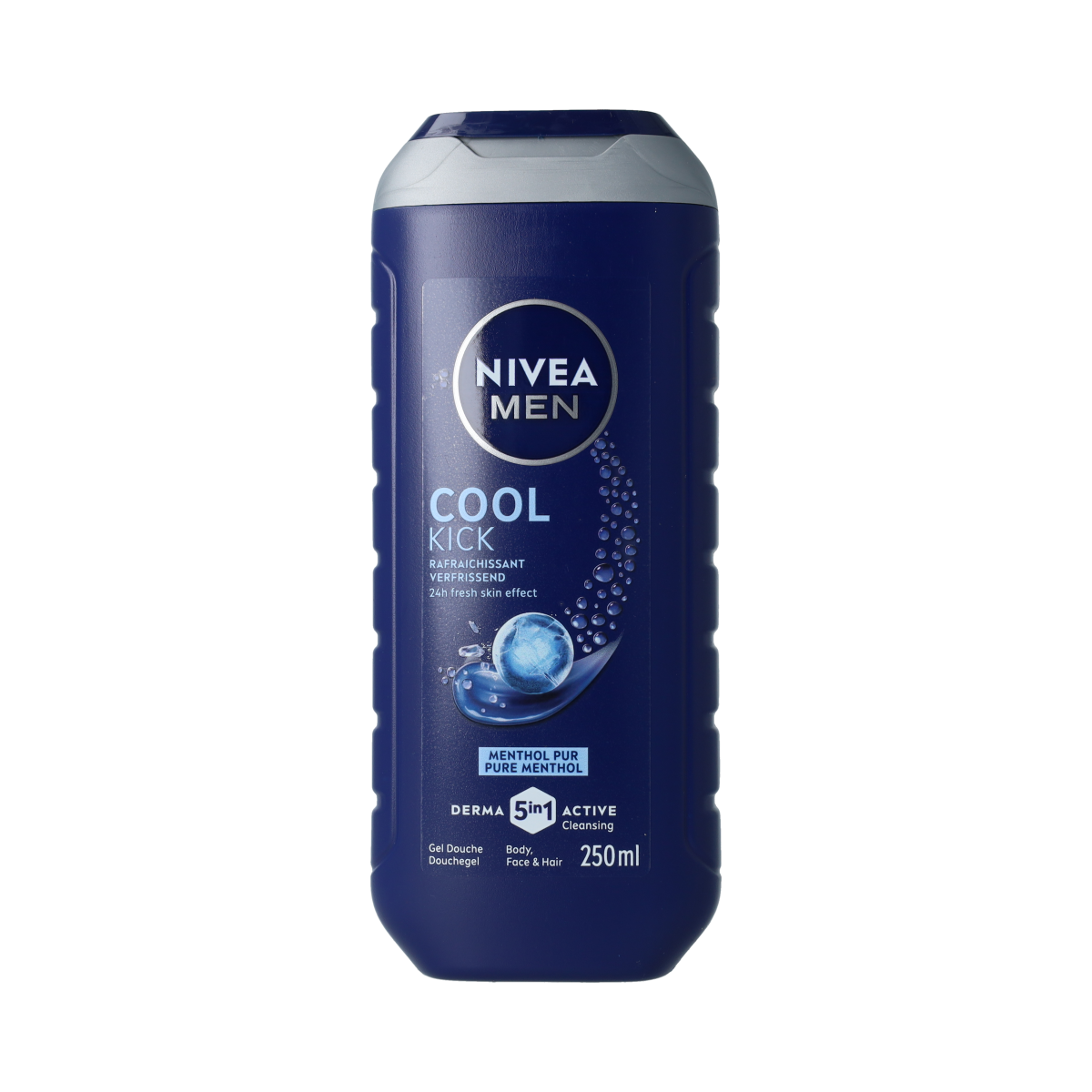 Nivea Men Cool Kick Douchegel in 250ml bottle, featuring a blue and white design, for refreshing men's shower experience.