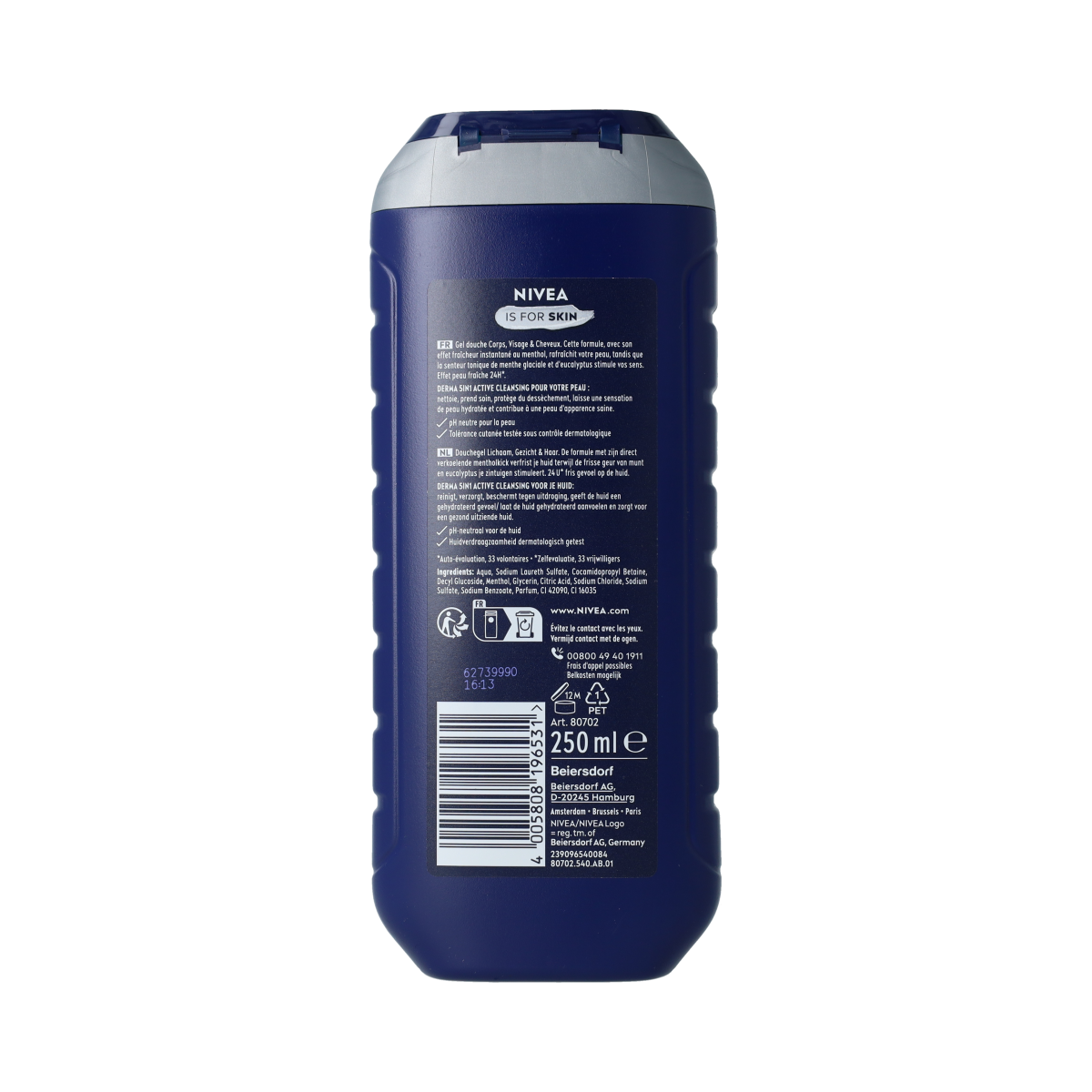 Nivea Men Cool Kick douchegel 250ml bottle with blue and black packaging, designed for refreshing men's shower use.