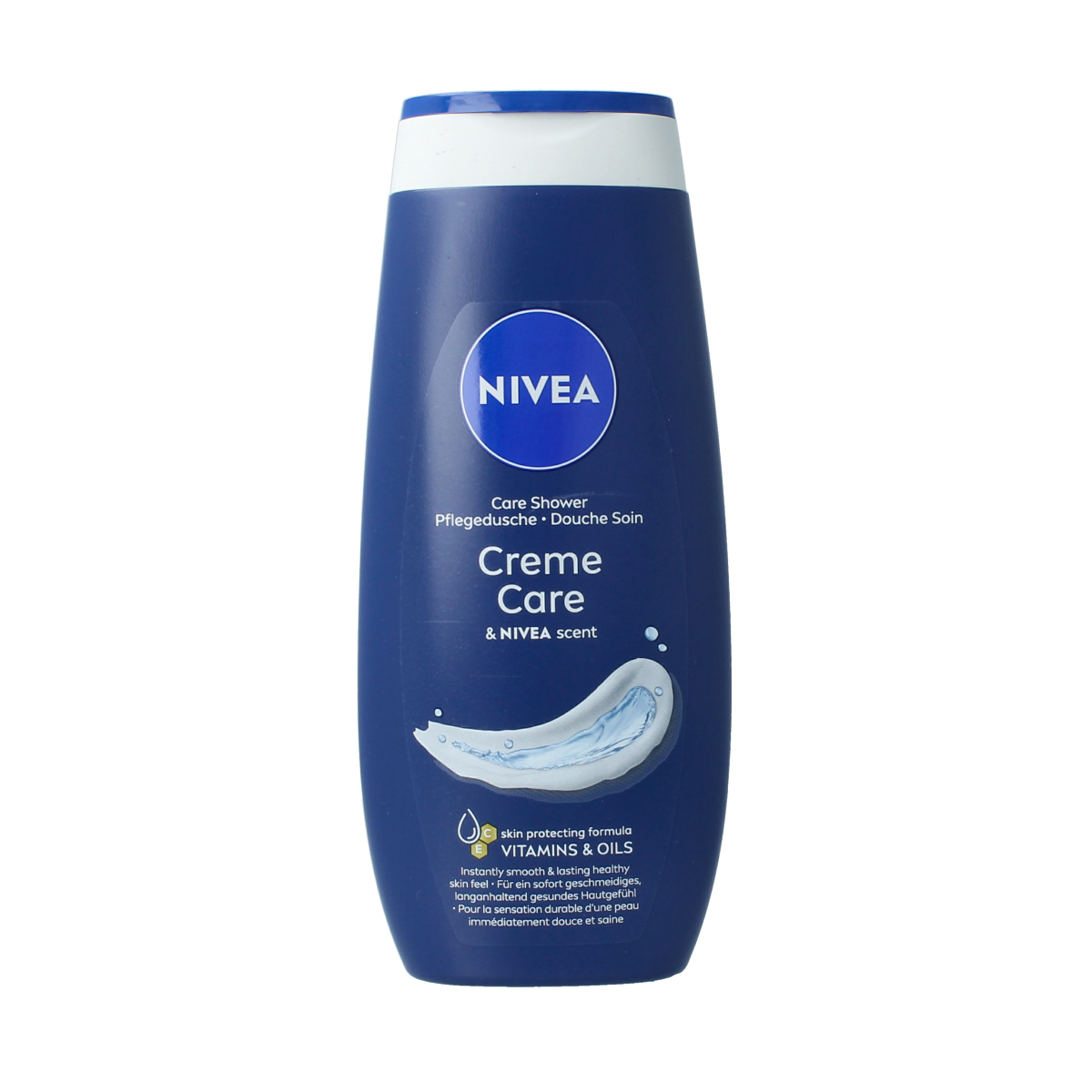 Nivea Douche Crème Care bottle, 250ml, in white packaging with blue accents, for gentle skin cleansing during showering.