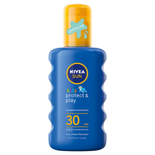 Nivea Sun children spray SPF 30 bottle, 200ml, with a blue cap and label, designed for kids' sun protection.