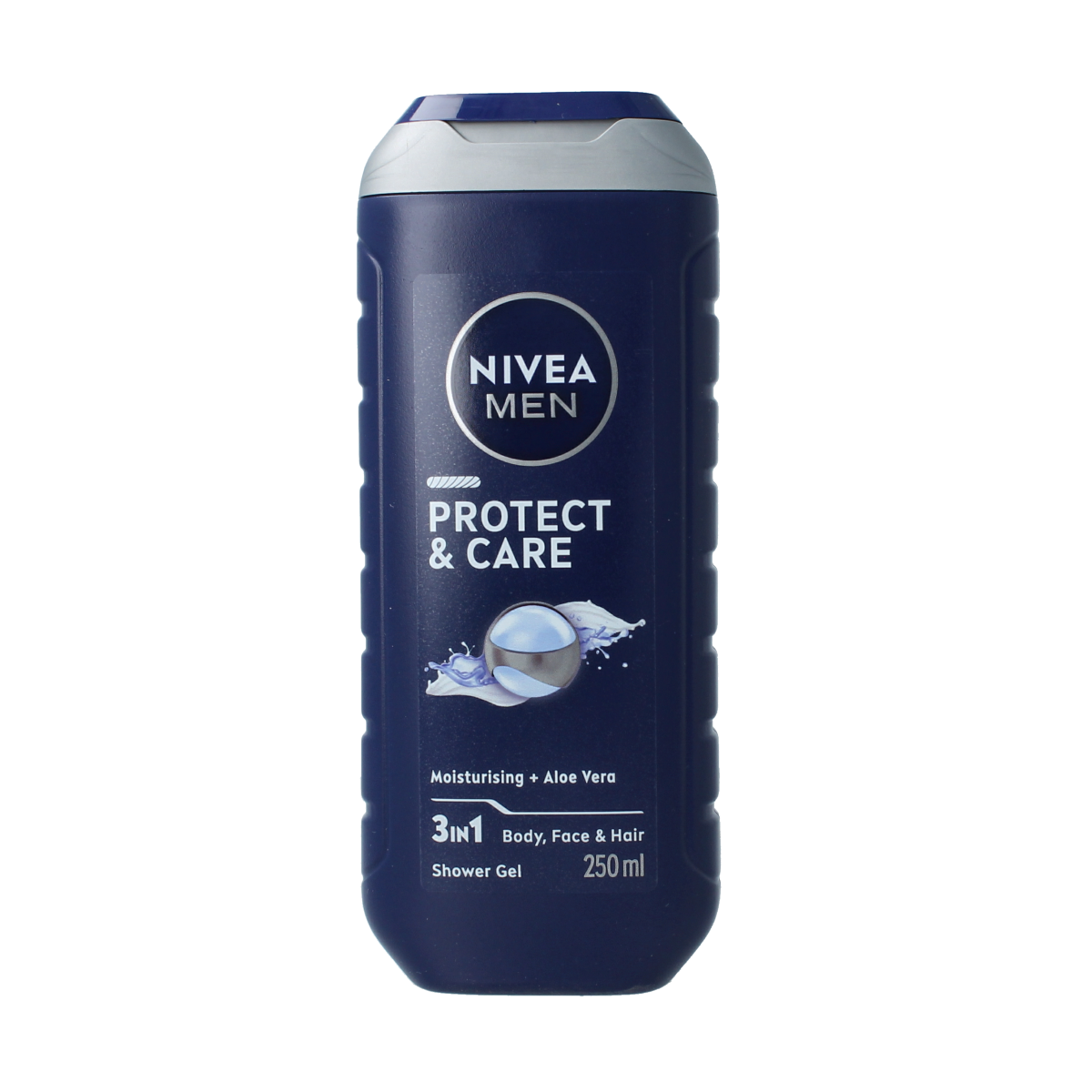 Nivea Men Protect & Care douchegel bottle, 250ml, with blue and white packaging, designed for men's shower and body cleansing.