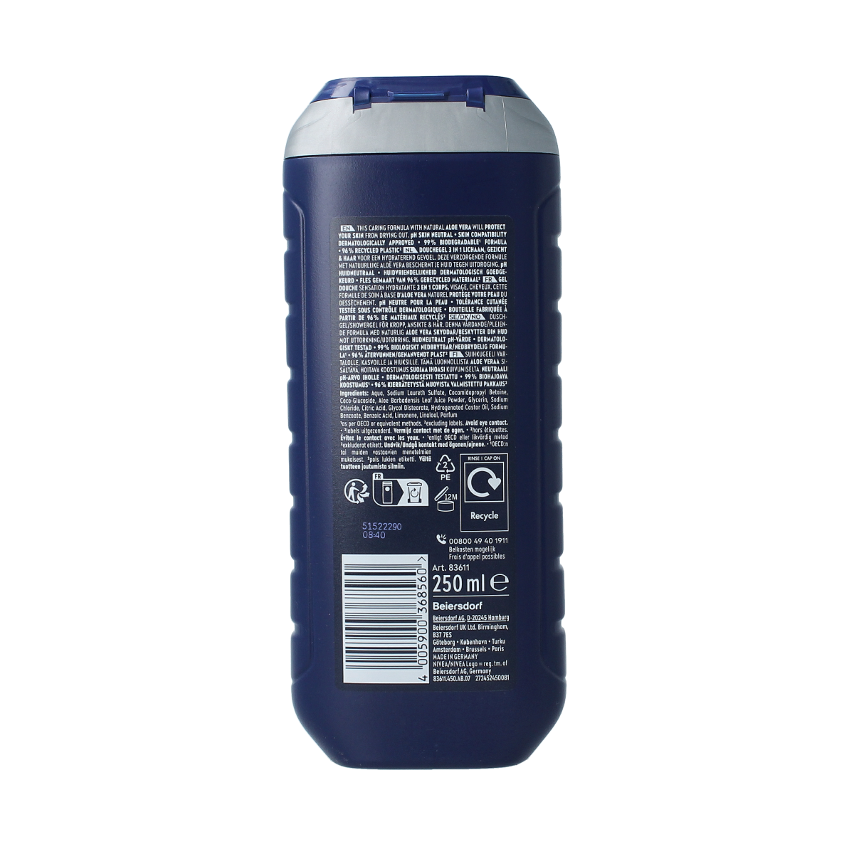 Nivea Men Protect & Care douchegel in a 250ml bottle, with a blue and white label, designed for men's hygiene.