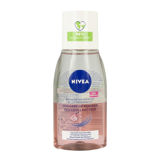 Nivea pink eye makeup remover in a 125ml bottle, gentle facial skincare product for removing eye makeup.