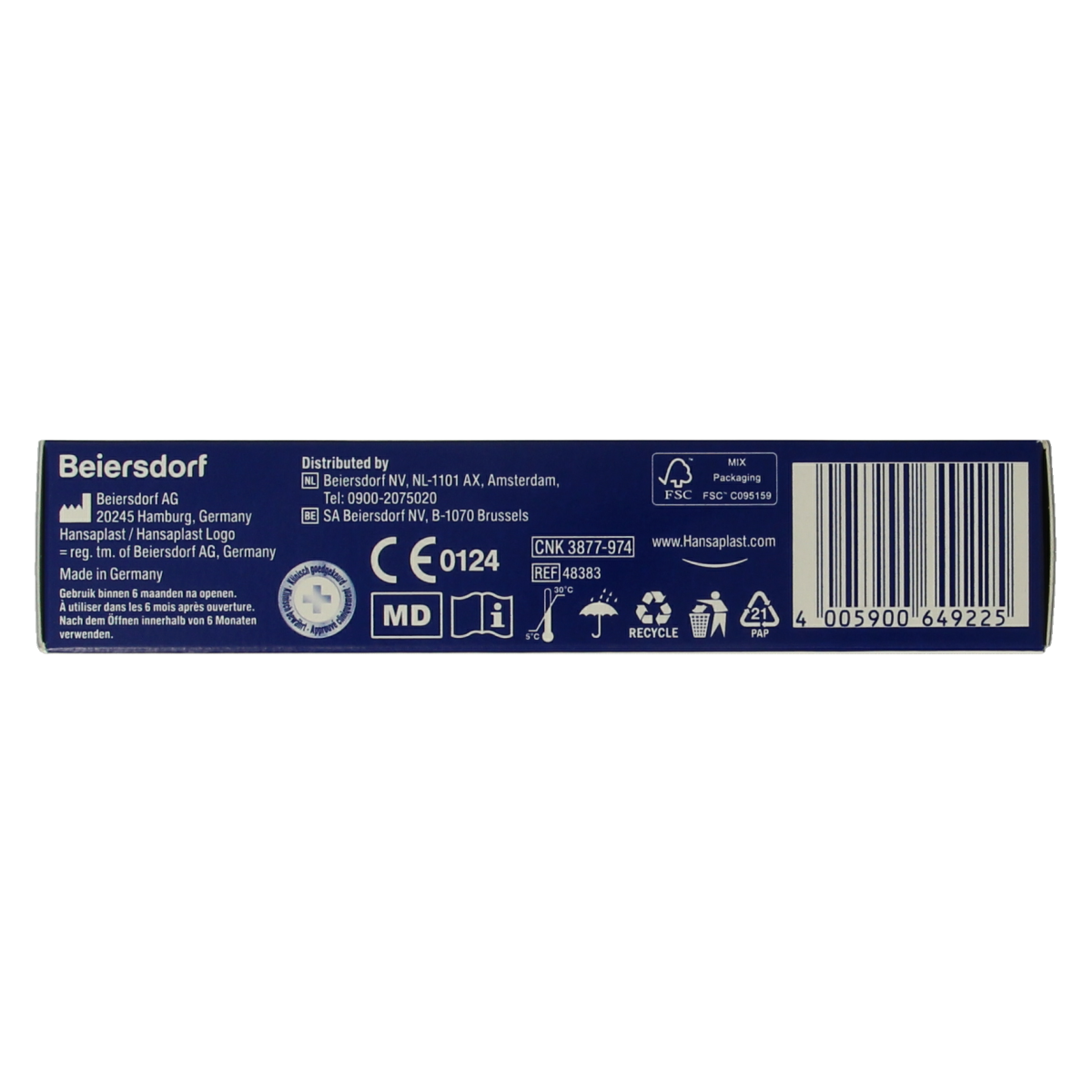 Hansaplast Wondhelende zalf 20g tube, close-up of the healing ointment packaging for body care and wound healing.