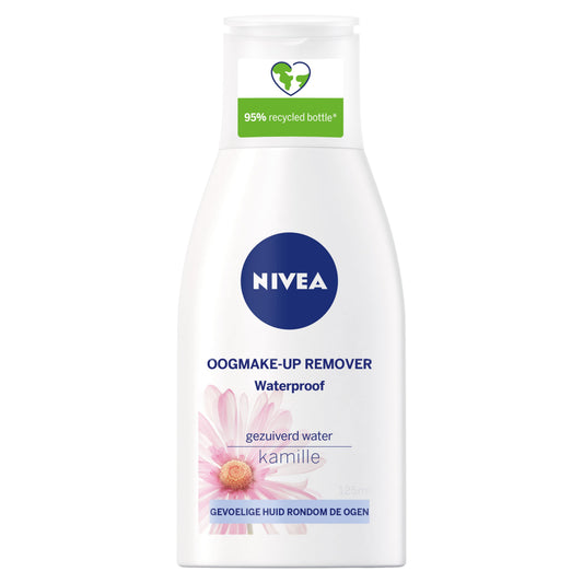 Nivea waterproof eye makeup remover in a 125ml bottle, gentle facial skincare product for removing eye makeup effectively.