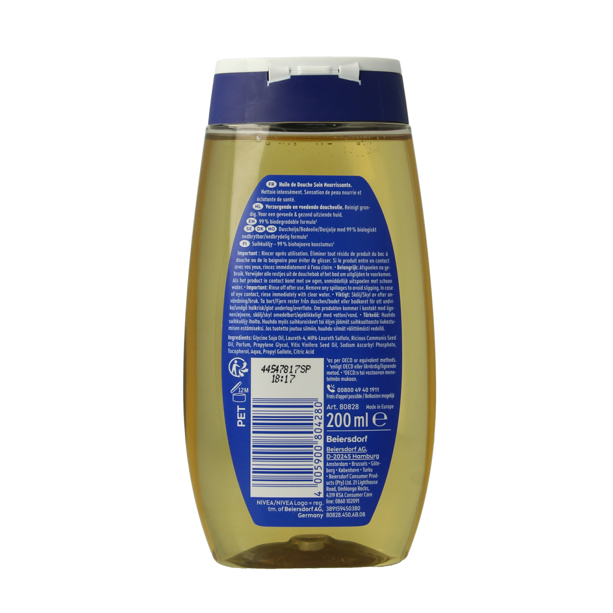 Nivea Natural douche olie verzorgend bottle, 200ml, a nourishing shower product with a soft, soothing appearance