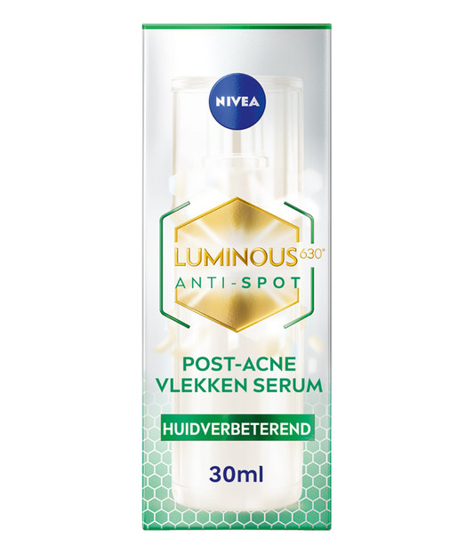 Nivea Cellular Luminous 630 post-acne vlekken serum 30ml, facial skincare product with serum bottle and applicator in the image.