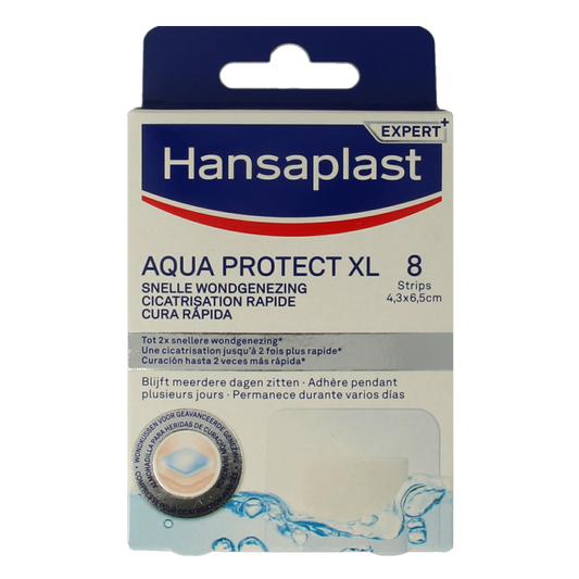 Hansaplast Snelle wondgenezing 8 stuks, adhesive plasters and tape for quick wound healing, shown in the image.