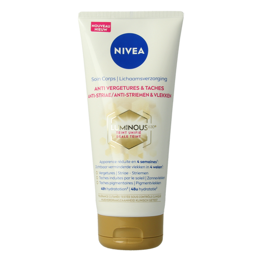 Nivea Luminous630 anti-striae body care lotion in a 200ml bottle, featuring smooth, hydrating formula for skin improvement.