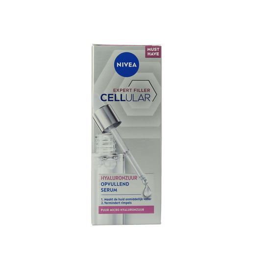 Nivea Hyaluron Cellular Expert filler serum in 30ml bottle, facial skincare product with clear packaging and dropper applicator.