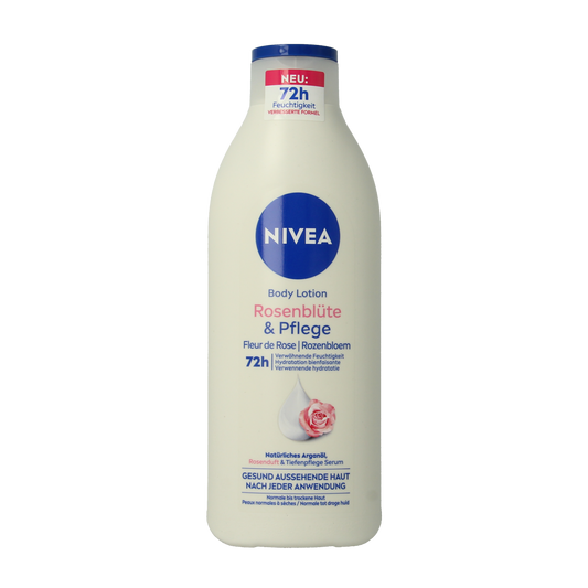 Nivea bodylotion with rose flower scent for normal to dry skin, 400ml bottle, moisturizing and nourishing skincare product.