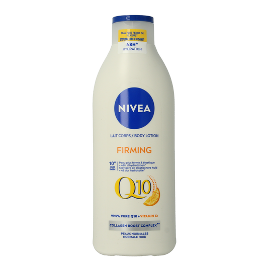 Nivea Bodylotion Q10 Plus verstevigend 400ml bottle featuring smooth, hydrating body lotion in a white and blue container.