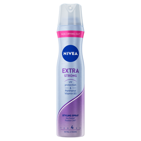 Nivea styling spray extra strong hold, 250ml, for hair styling, with a spray bottle and product label visible.