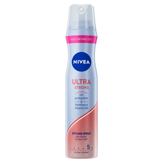 Nivea Ultra Strong Hair Styling Spray 250ml bottle with spray nozzle, designed for firm hold and styling control.