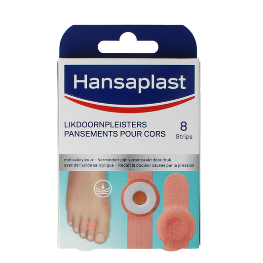 Hansaplast Voet likdoornpleisters, 8 stuks, for foot care, shown on a white background with the product packaging.