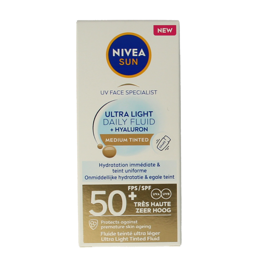 Nivea Sun face daily fluid SPF50 tint medium in 40ml bottle, with a smooth, tinted facial sunscreen for daily skincare.