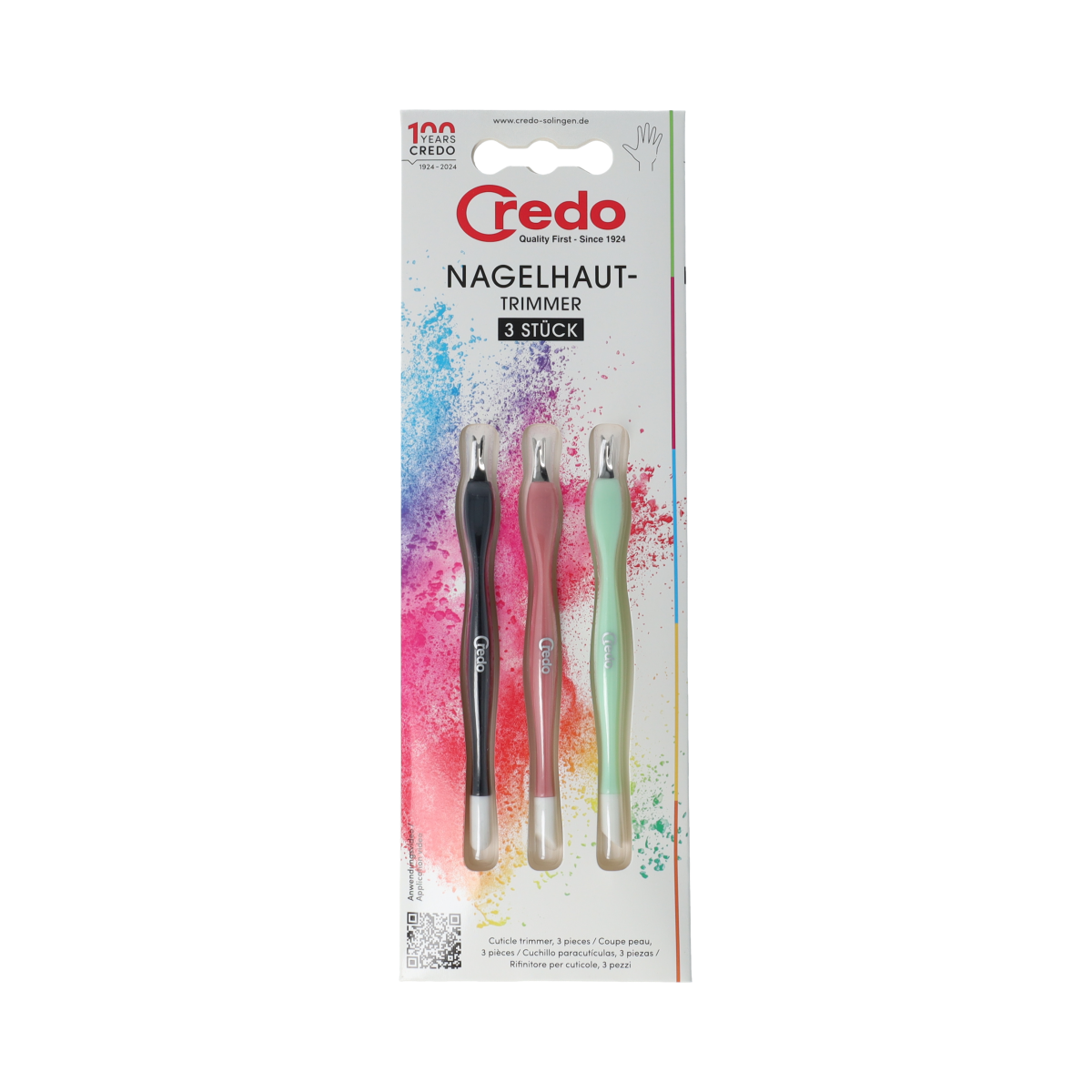 Credo Pop Art nagelhuid trimmer for manicure and pedicure, displayed with colorful design and stainless steel blades.