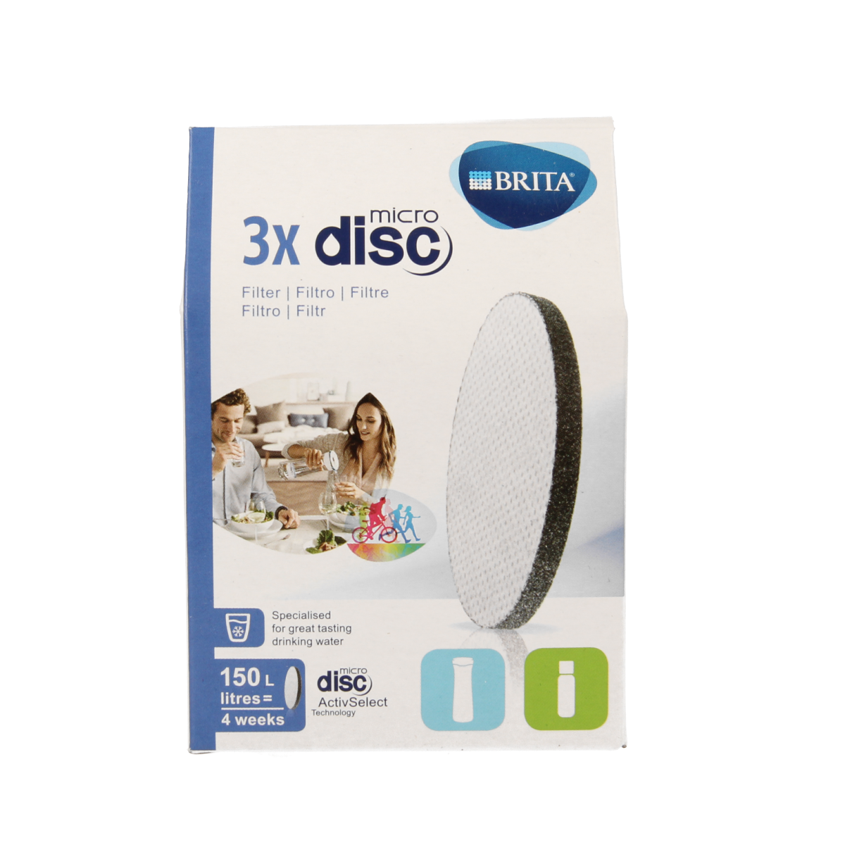 Brita MicroDisc water filter cartridges 3-pack for cooking and dining, designed to improve water quality.