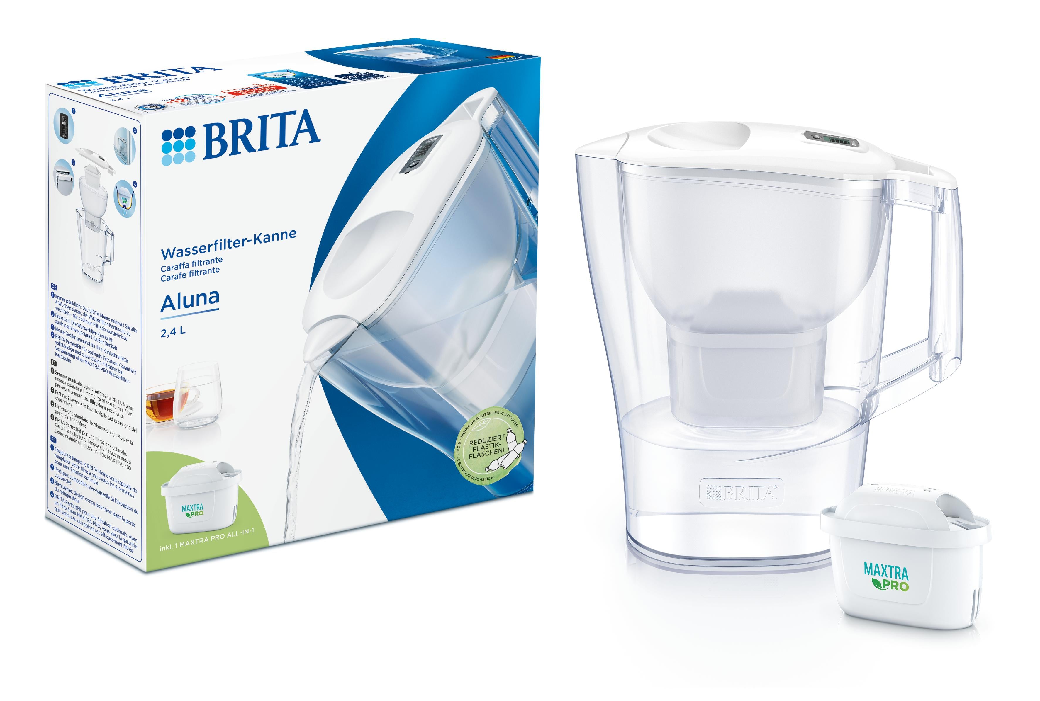 Brita Aluna Cool white water filter pitcher for cooking and table use, with a sleek white design and filter cartridge visible.