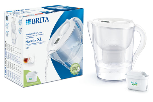 Brita Marella XL white water filter pitcher for cooking and dining, 1 liter capacity, with Brita filtration system.