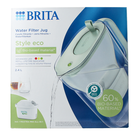 Brita Eco powder green water filter jug for cooking and dining, 1 liter capacity, with filter cartridge visible in the image.