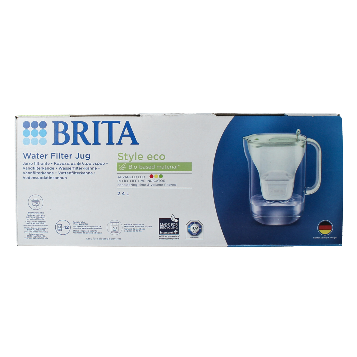 Brita Eco powder green water filter jug for cooking and dining, 1 liter capacity, with a sleek design and filter cartridge.